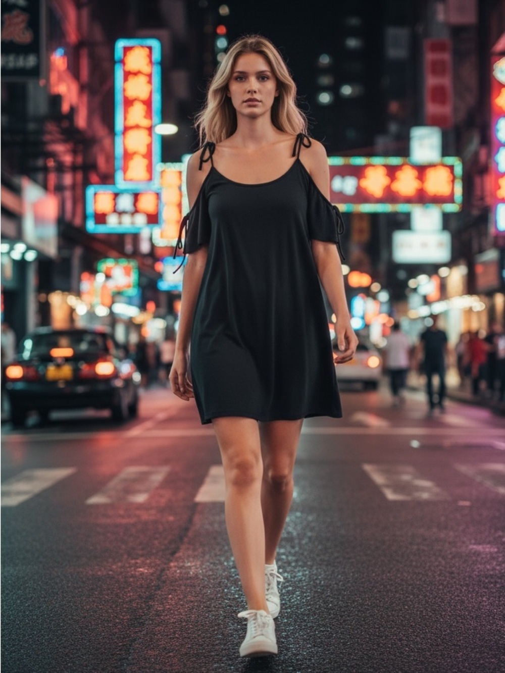 Black Cold-Shoulder Tie-Strap Mini Dress